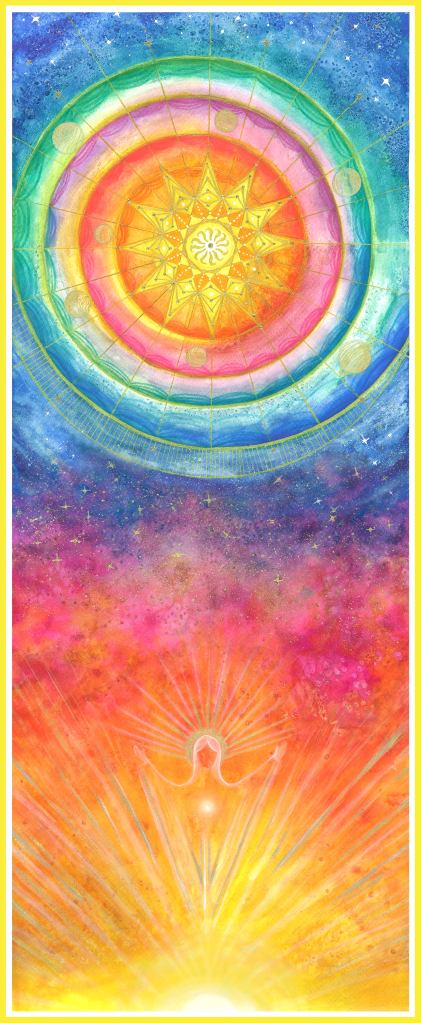 A golden star embraced within a rainbow spiral. Below, looking towards the star in the indigo and blue sky, a golden figure arises from rays of yellow, orange and magenta.